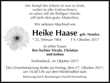 Traueranzeige von Heike Haase (geb. Nendza)  von Magdeburger Volksstimme