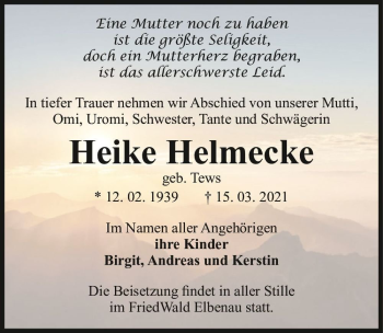 Traueranzeige von Heike Helmecke (geb. Tews)  von Magdeburger Volksstimme