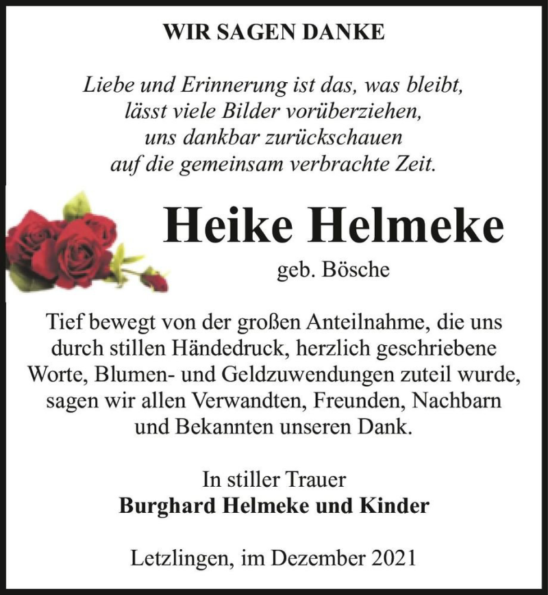  Traueranzeige für Heike Helmeke (geb. Bösche)  vom 30.12.2021 aus Magdeburger Volksstimme