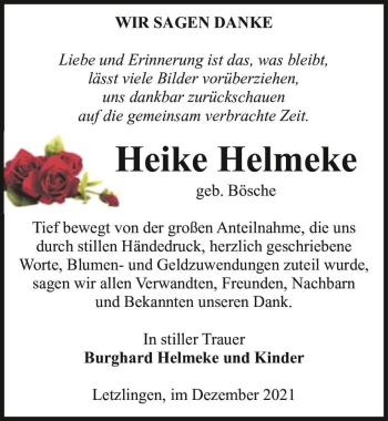 Traueranzeige von Heike Helmeke (geb. Bösche)  von Magdeburger Volksstimme