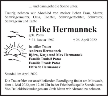 Traueranzeige von Heike Hermannek (geb. Potas)  von Magdeburger Volksstimme