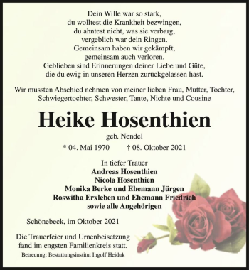Traueranzeige von Heike Hosenthien (geb. Nendel)  von Magdeburger Volksstimme