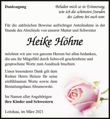 Traueranzeige von Heike Höhne  von Magdeburger Volksstimme