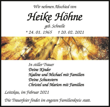 Traueranzeige von Heike Höhne (geb. Schnelle)  von Magdeburger Volksstimme