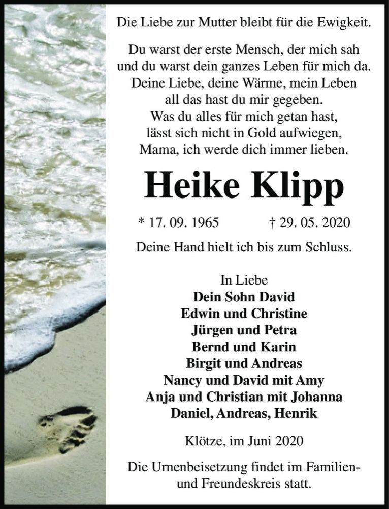  Traueranzeige für Heike Klipp  vom 04.06.2020 aus Magdeburger Volksstimme