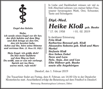Traueranzeige von Heike Kloß (geb. Baake)  von Magdeburger Volksstimme