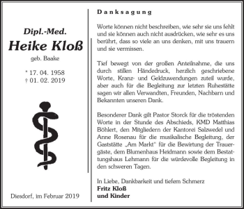 Traueranzeige von Heike Kloß (geb. Baake)  von Magdeburger Volksstimme