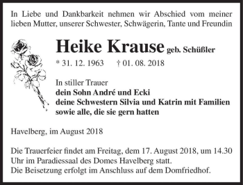 Traueranzeige von Heike Krause (geb. Schüßler)  von Magdeburger Volksstimme