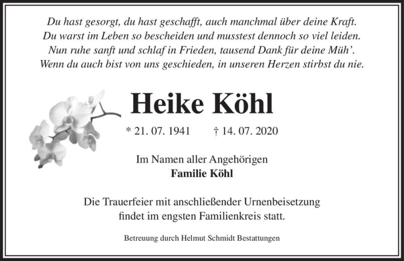  Traueranzeige für Heike Köhl  vom 25.07.2020 aus Magdeburger Volksstimme