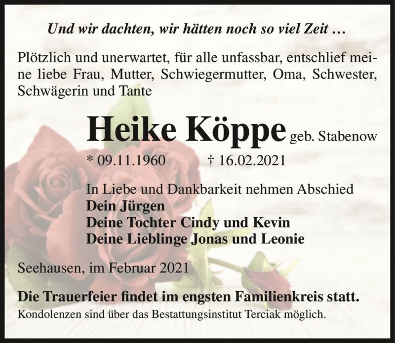  Traueranzeige für Heike Köppe (geb. Stabenow)  vom 27.02.2021 aus Magdeburger Volksstimme