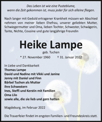 Traueranzeige von Heike Lampe (geb. Tuchen)  von Magdeburger Volksstimme