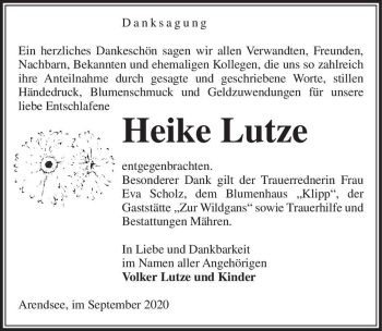 Traueranzeige von Heike Lutze  von Magdeburger Volksstimme
