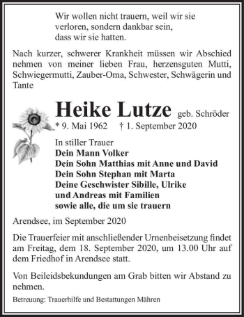 Traueranzeige von Heike Lutze (geb. Schröder)  von Magdeburger Volksstimme