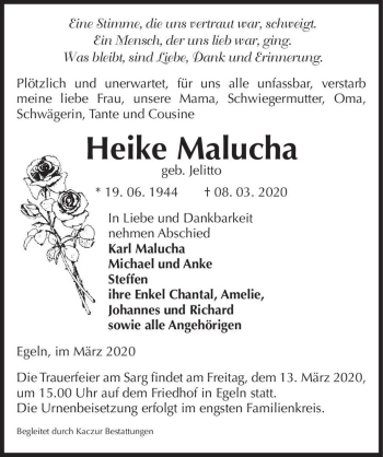 Traueranzeige von Heike Malucha (geb. Jelitto)  von Magdeburger Volksstimme