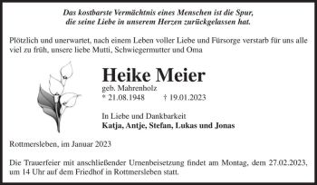 Traueranzeige von Heike Meier (geb. Mahrenholz)  von Magdeburger Volksstimme