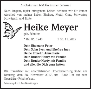 Traueranzeige von Heike Meyer (geb. Schultze)  von Magdeburger Volksstimme