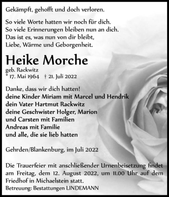 Traueranzeige von Heike Morche (geb. Rackwitz)  von Magdeburger Volksstimme