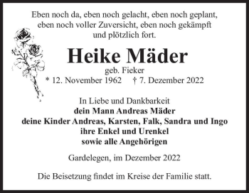 Traueranzeige von Heike Mäder (geb. Fieker)  von Magdeburger Volksstimme