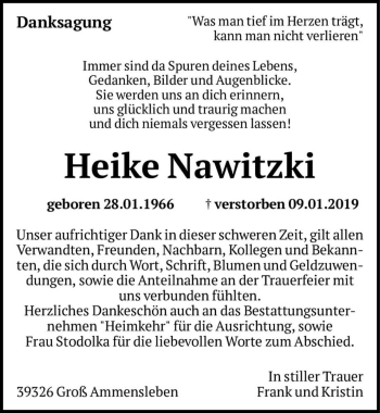 Traueranzeige von Heike Nawitzki  von Magdeburger Volksstimme