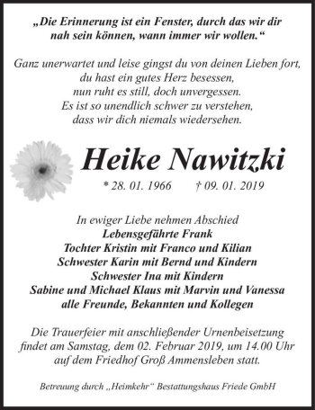 Traueranzeige von Heike Nawitzki  von Magdeburger Volksstimme