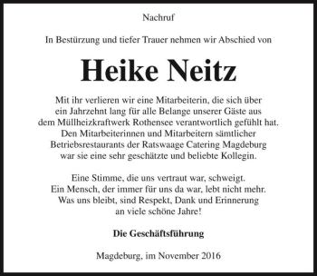 Traueranzeige von Heike Neitz  von Magdeburger Volksstimme