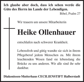 Traueranzeige von Heike Ollenhauer  von Magdeburger Volksstimme