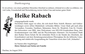 Traueranzeige von Heike Rabach  von Magdeburger Volksstimme