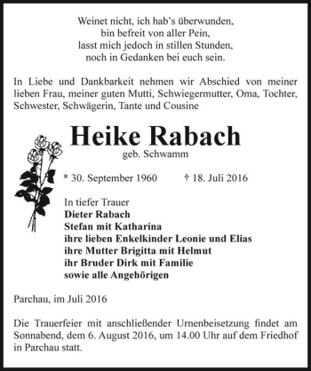 Traueranzeige von Heike Rabach (geb. Schwamm)  von Magdeburger Volksstimme