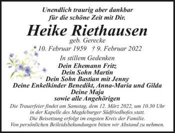 Traueranzeige von Heike Riethausen (geb. Gerecke)  von Magdeburger Volksstimme