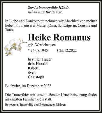 Traueranzeige von Heike Romanus (geb. Werdehausen)  von Magdeburger Volksstimme