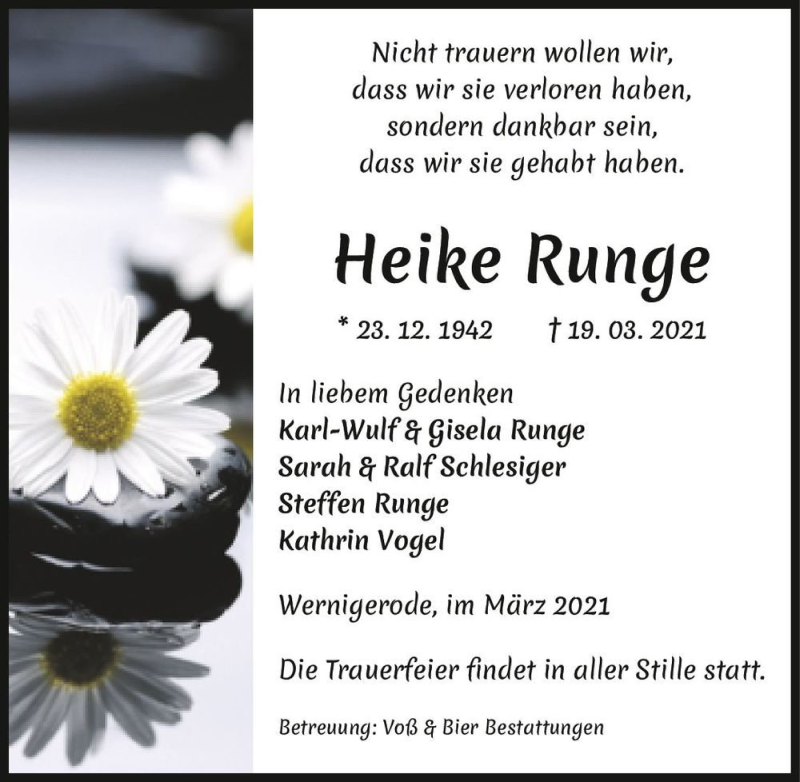  Traueranzeige für Heike Runge  vom 27.03.2021 aus Magdeburger Volksstimme