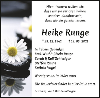 Traueranzeige von Heike Runge  von Magdeburger Volksstimme