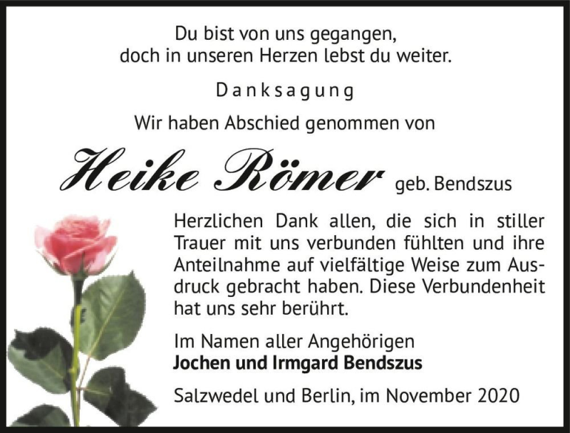  Traueranzeige für Heike Römer (geb. Bendszus)  vom 21.11.2020 aus Magdeburger Volksstimme