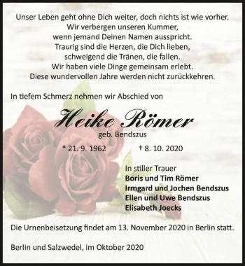 Traueranzeige von Heike Römer (geb. Bendszus)  von Magdeburger Volksstimme