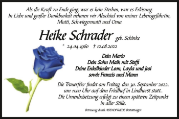 Traueranzeige von Heike Schrader (geb. Schinke)  von Magdeburger Volksstimme