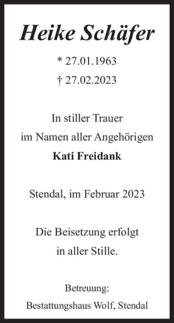Traueranzeige von Heike Schäfer  von Magdeburger Volksstimme