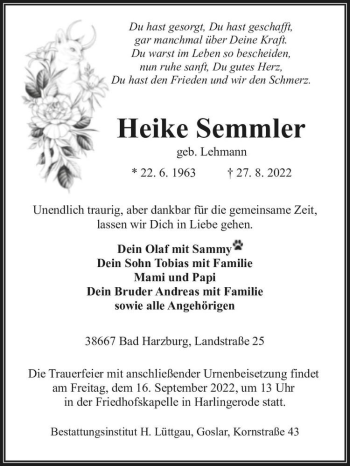 Traueranzeige von Heike Semmler (geb. Lehmann)  von Magdeburger Volksstimme