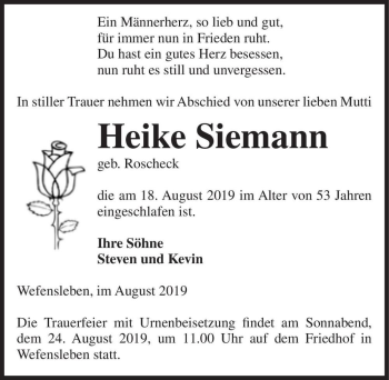 Traueranzeige von Heike Siemann (geb. Roscheck)  von Magdeburger Volksstimme