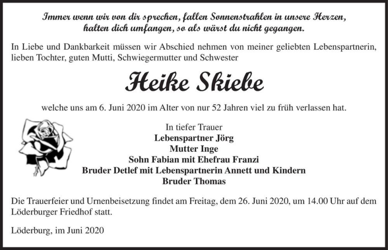  Traueranzeige für Heike Skiebe  vom 13.06.2020 aus Magdeburger Volksstimme