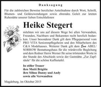 Traueranzeige von Heike Stegert  von Magdeburger Volksstimme