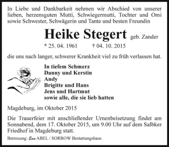 Traueranzeige von Heike Stegert (geb. Zander)  von Magdeburger Volksstimme