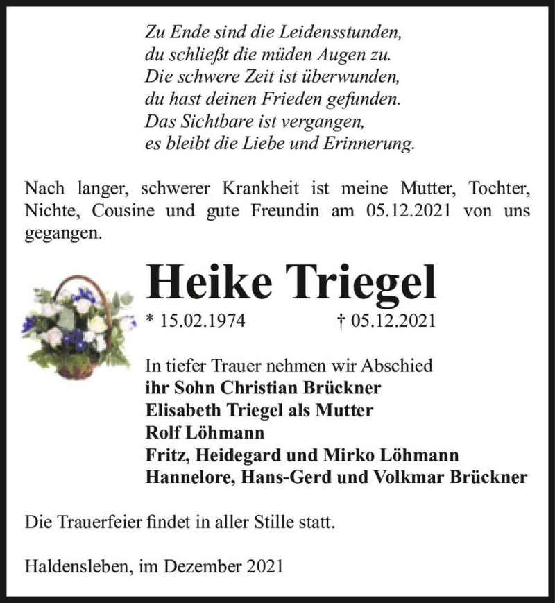  Traueranzeige für Heike Triegel  vom 11.12.2021 aus Magdeburger Volksstimme