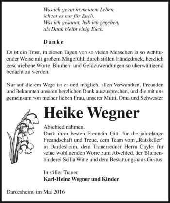 Traueranzeige von Heike Wegner  von Magdeburger Volksstimme