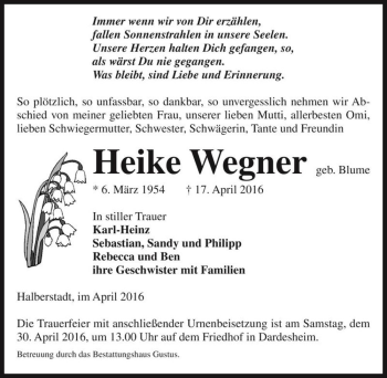 Traueranzeige von Heike Wegner (geb. Blume)  von Magdeburger Volksstimme