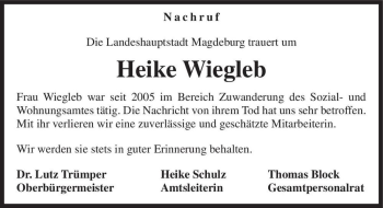 Traueranzeige von Heike Wiegleb  von Magdeburger Volksstimme