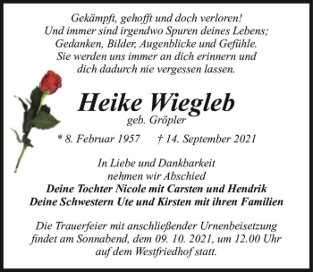 Traueranzeige von Heike Wiegleb (geb. Gröpler)  von Magdeburger Volksstimme