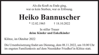 Traueranzeige von Heiko Bannuscher  von Magdeburger Volksstimme