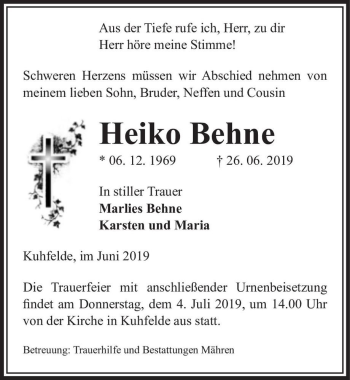 Traueranzeige von Heiko Behne  von Magdeburger Volksstimme