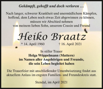 Traueranzeige von Heiko Braatz  von Magdeburger Volksstimme