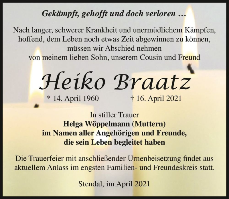  Traueranzeige für Heiko Braatz  vom 24.04.2021 aus Magdeburger Volksstimme